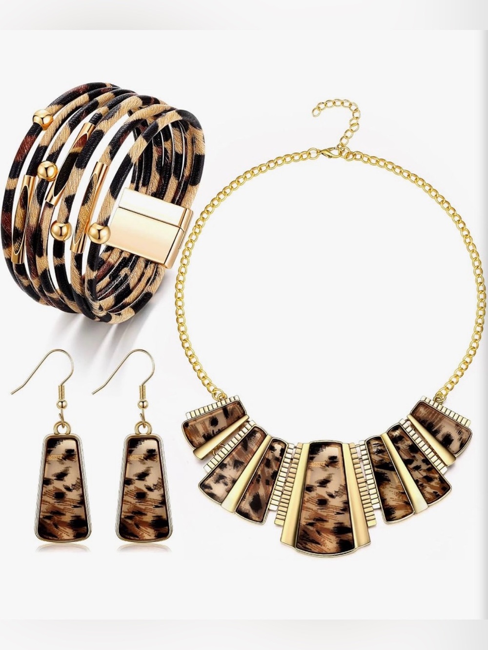 Gold-Tone Leopard Print Statement Necklace, Bracelet & Earring 3PC Set